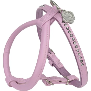 A stylish pink pet harness with decorative rhinestones along one side and a silver charm attached, designed for comfort and fashion.