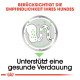 Illustration eines Verdauungssystems mit grünen Pfeilen und Punkten, mit Text über die Unterstützung einer gesunden Verdauung und Empfindlichkeit bei Hunden.