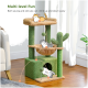 Mehrstöckiger Katzenbaum mit zwei spielenden Katzen, ausgestattet mit einer Hängematte, Kratzpfosten und einer Höhle, beschriftet 'Mehrstöckiger Spaß.'