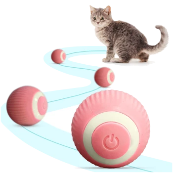 Eine verspielte graue Katze sitzt neben einem rosa interaktiven Spielzeugball mit einem weißen Ziel-Design, der auf einem hellblauen Weg rollt.