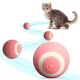 Eine verspielte graue Katze sitzt neben einem rosa interaktiven Spielzeugball mit einem weißen Ziel-Design, der auf einem hellblauen Weg rollt.