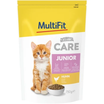 A bag of MultiFit cat food featuring a cute orange kitten on the front, labeled "CARE JUNIOR" with "Huhn" (chicken) and a bowl of kibble.