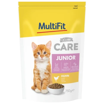 Eine Tüte MultiFit Katzenfutter mit einem niedlichen orangefarbenen Kätzchen auf der Vorderseite, beschriftet mit 'CARE JUNIOR' und 'Huhn' sowie einer Schüssel mit Trockenfutter.