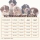 Fünf Welpen über einer deutschen Fütterungstabelle mit Titel 'FÜTTERUNGSEMPFEHLUNG', die erwartete Gewichte und monatliche Fütterungsempfehlungen zeigt.