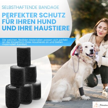 Selbstklebender Verband für Haustiere, mit einem Stapel schwarzer Verbände und einer Frau mit einem Hund, der Komfort und Schutz fördert.