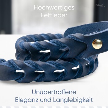 Navyblaue geflochtene Lederleine für Hunde mit goldener Schnalle, mit den Aufschriften 'Hochwertiges Fettleder' und 'Unübertroffene Eleganz.'