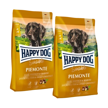 Zwei Tüten Happy Dog Sensible Piemonte Erwachsenenfutter mit Ente, Seefisch und Edelkastanie, hergestellt in Deutschland.