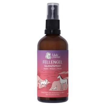 Braune Sprühflasche mit der Aufschrift "Yuki cares Kämmlhilfe Fellglanz-Spray," 100ml, behauptet, das Kämmen zu erleichtern, zu nähren und dem Fell Glanz zu verleihen.