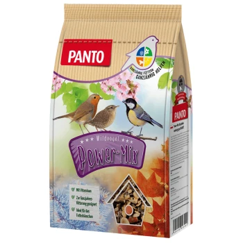 Eine Tüte PANTO Wildvogel Power-Mix Vogelfutter, die bunte Vogel- und Blumenillustrationen zeigt, mit Text über Vitamine und ganzjährige Verwendung.