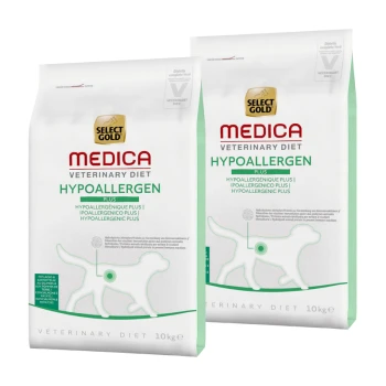 Twee zakken Select Gold Medica Veterinary Diet Hypoallergen hondenvoer, elk 10 kg, met een witte achtergrond met groene accenten en een honden silhouet.