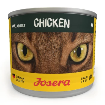 Nassfutter Katze, Adult, Huhn 6x200 g Eine Dose Josera Katzenfutter mit der Aufschrift "HÜHNCHEN" und dem Gesicht einer Katze, leuchtend grünen Augen und den Etiketten "ERWACHSEN," "GETREIDEFREI" und "DEUTSCHE QUALITÄT."