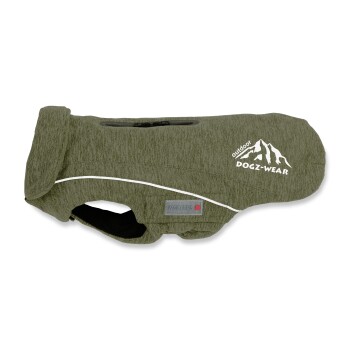 Grüne Outdoor-Hundejacke mit Reißverschluss, sichtbare Logos "Outdoor DOGZ-WEAR" und "WOLTERS".