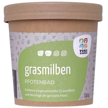 Behälter von Yuki Cares Grasmilben Pfotenbad, eine Fußbadbehandlung für Haustiere, mit Text, der angibt, dass es Grasmilben entfernt und gereizte Haut beruhigt.