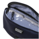 Nahaufnahme einer marineblauen Haustieraccessoire-Tasche mit gestreiftem Innenfutter, mit einem Reißverschlussfach und einem "DOOG"-Logo.