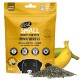 Gelber Beutel mit Haustier-Trainingssnacks, beschriftet mit "EAT SMALL INSECTS" mit Hundelogo, Chia und Banane. Icons für Insektenprotein, getreidefrei, glutenfrei.