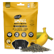 Gelber Beutel mit Haustier-Trainingssnacks, beschriftet mit "EAT SMALL INSECTS" mit Hundelogo, Chia und Banane. Icons für Insektenprotein, getreidefrei, glutenfrei.