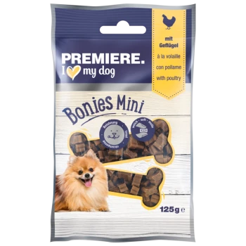 Premiere I Love My Dog Bonies Mini-Hundeleckerlis, 125g Packung, mit einem lächelnden Pomeranian und weichen, knochenförmigen Snacks.