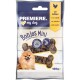 Premiera przysmaków dla psów I Love My Dog Bonies Mini, opakowanie 125g, z uśmiechniętym Pomeranianem i miękkimi, w kształcie kości przekąskami.