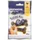 Premiere I Love My Dog Bonies Mini-Hundeleckerlis, 125g Packung, mit einem lächelnden Pomeranian und weichen, knochenförmigen Snacks.