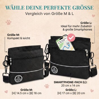 Eine Person in einer blauen Jacke greift in eine schwarze, mit Reißverschluss verschlossene Tasche für Haustierleckerlis gegen Gras. Text: "WERTIG & SCHLICHT SO BELOHNT MAN HEUTE!"