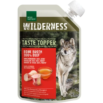 WILDERNESS Snack hond Taste Topper Bone Broth Rund 6x200 g Real Nature Wilderness Taste Topper zakje, bottenbouillon 100% rund, met afbeelding van een wolf en een kom bouillon