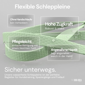 Flexible Hundeleine in Hellgrün mit Wassertropfen, mit Textmarkierungen zu Sichtbarkeit, Zugkraft, einfacher Reinigung und Komfort.