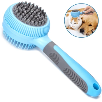 Blaue Haustierpflegebürste mit runder Kopfpartie und feinen Borsten, entworfen für Katzen und Hunde, gezeigt neben einer Katze und einem Hund, die gebürstet werden.