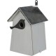 A gray wooden birdhouse with a metal roof, featuring a black bird silhouette around the entrance hole.