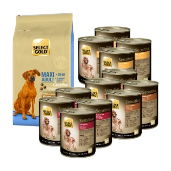 Emballage de nourriture pour animaux Select Gold présentant un grand sac étiqueté 'MAXI ADULT' et plusieurs boîtes de nourriture pour chiens 'Sensitive' avec différentes options de viande.