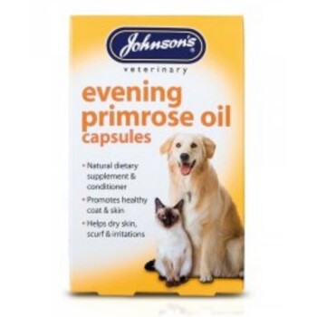 Johnson's Veterinary evening primrose oil capsules packaging featuring a golden retriever and a cat, highlighting benefits for skin and coat.
