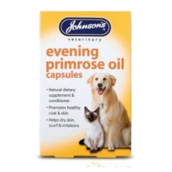 Johnson's Veterinary evening primrose oil capsules packaging featuring a golden retriever and a cat, highlighting benefits for skin and coat.