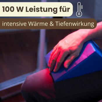 Blaues dreieckiges Heizkissen, das rot glühend auf einem Knie unter einer Hand liegt; Text '100 W Leistung für', 'intensive Wärme & Tiefenwirkung'.