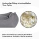 Orthopädisches Haustierbett mit hochwertiger Viskoflockenfüllung, fördert den Gelenkschutz und die Muskelentspannung, mit beschreibendem Text auf Deutsch.