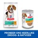 Hill's Science Plan huisdierenvoeding verpakking: zak met droogvoer en blik met natvoer, beide gelabeld 'Perfect Weight' voor middelgrote honden.