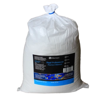 Weißer Beutel mit "Reef Professional Premium Meersalz" für Aquarien, 20 kg, mit Nährwertangaben und einer bunten Fischgrafik.