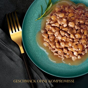 Ein türkisfarbener Teller mit feuchtem, zerriebenem Tierfutter in Soße, garniert mit Rosmarin, und einer goldenen Gabel. Text: "GESCHMACK OHNE KOMPROMISSE."