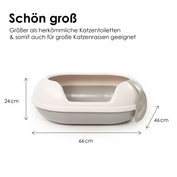 Große Katzenstreuschachtel, Abmessungen 66 cm x 46 cm x 24 cm, geeignet für größere Katzenrassen, mit modernem Design.