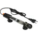 Chauffage d'aquarium submersible avec un corps transparent, un thermomètre et des ventouses pour le montage, avec un bouton de contrôle orange.