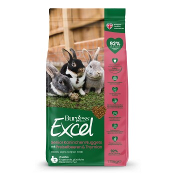 Burgess Excel Beutel mit Senior-Kaninchen-Nuggets mit Preiselbeeren & Thymian, zeigt drei Kaninchen; 92% und 1,75 kg.