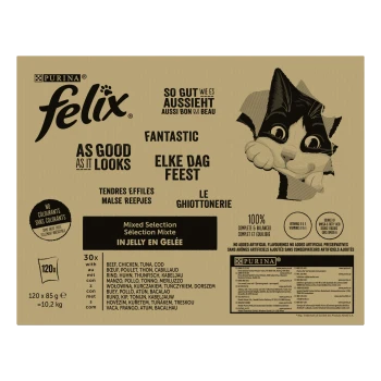 Verpackung von Purina Felix Katzenfutter mit einer schwarz-weißen Katze, gemischter Fleischauswahl in Gelee und mehrsprachigem Text.