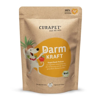 Curapet Darm Kraft Superfood-Pulver für Hunde, mit einer verspielten Hundillustration und Text, der die Unterstützung der Verdauungsgesundheit hervorhebt.