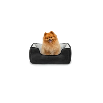 Ein flauschiger Pomeranian-Hund sitzt bequem in einem plüschigen, dunkelgrauen Haustierbett mit einem hellen Innenraum.