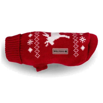 Roter gestrickter Hundepullover mit weißem Rentier- und Schneeflockenmuster, geripptem Kragen und 'WOLTERS'-Etikett.