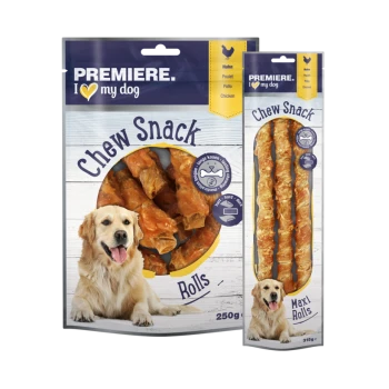Zwei "Premiere. I ❤️ my dog." Kauknochen-Pakete: "Kau Snack Rolls" (250g) mit einem Golden Retriever und "Maxi Rolls" (315g), beide mit Hühnergeschmack.