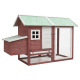 Holzhaustierhaus mit grünem Dach, weißen Akzenten, einem kleinen Fenster und einem Netzgehege, ideal für kleine Tiere.
