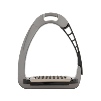 Ein graues und schwarzes Haustierpflegewerkzeug mit einer strukturierten Metalloberfläche zum Schaben, das für eine einfache Handhabung konzipiert ist.