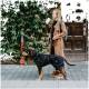 Eine Frau in einem langen braunen Mantel steht auf einem Bürgersteig neben einem Dobermann, der einen schwarzen Hundemantel trägt, und hält ein Getränk.