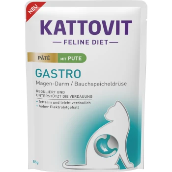 Feline Diet Nassfutter Katze Gastro Adult Paté 10x85 g Pute Kattovit Feline Diet Gastro Pâté mit Truthahn, 85g Packung; fördert die Verdauung, fettarm, hoher Elektrolytgehalt.