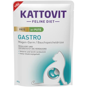 Kattovit Feline Diet Gastro pâté avec dinde, emballage de 85g ; favorise la digestion, faible en gras, riche en électrolytes.