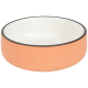 Keramischer Futternapf für Haustiere mit einer strukturierten orangen Außenseite und einer glatten weißen Innenseite, mit einem dunklen Rand.
